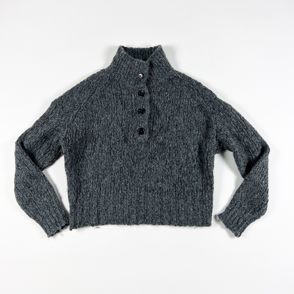Everlane The Lofty Knit Henley Wool Alpaca Blend Knit Button Collar Sweater Gray